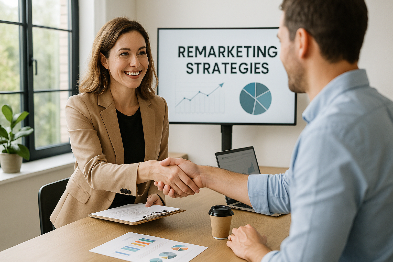 A professional handshake between two marketers in front of a screen showing "Remarketing Strategies"