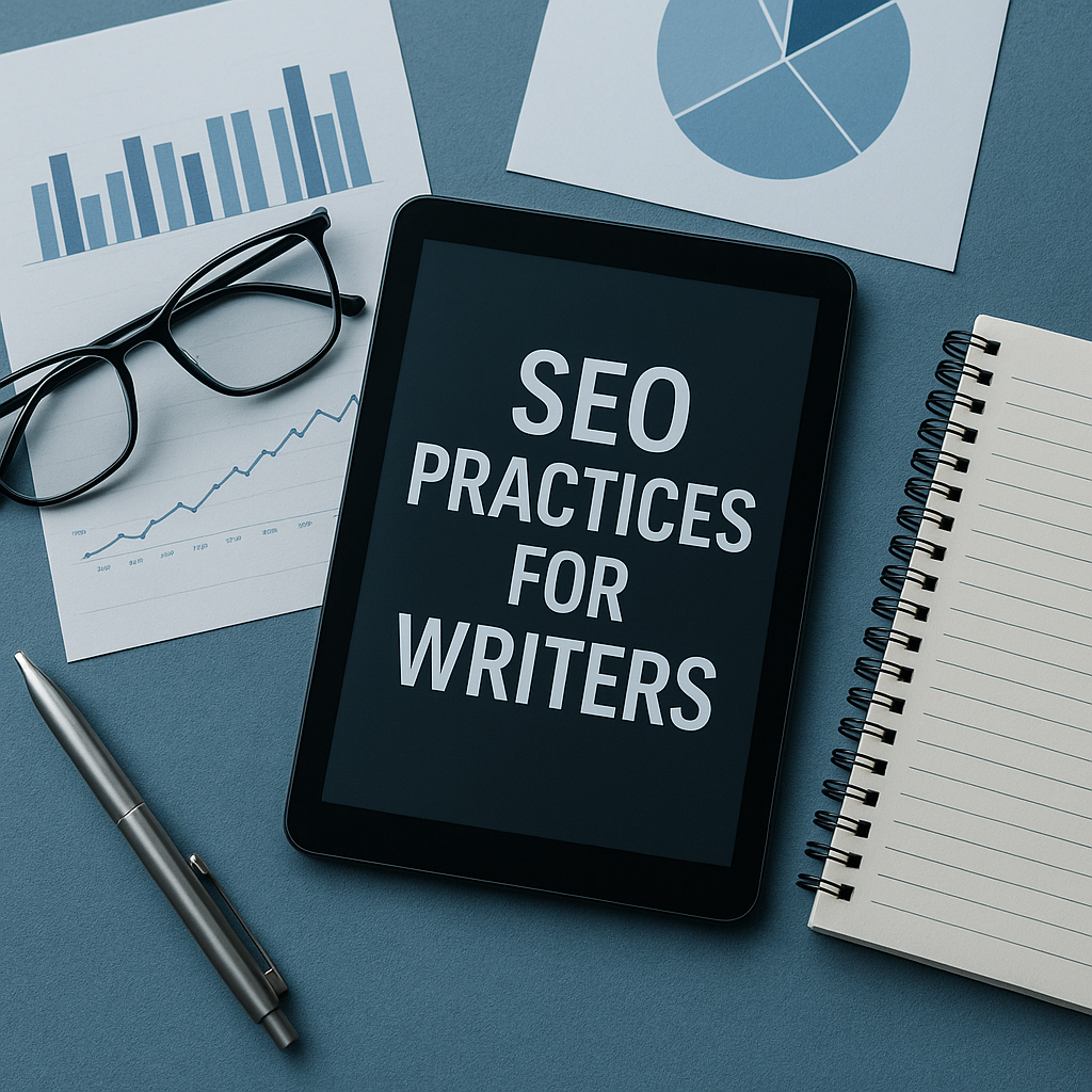 A high-resolution digital photograph displays a close-up of a tablet with “SEO Practices for Writers” surrounded by analytics and writing tools.
