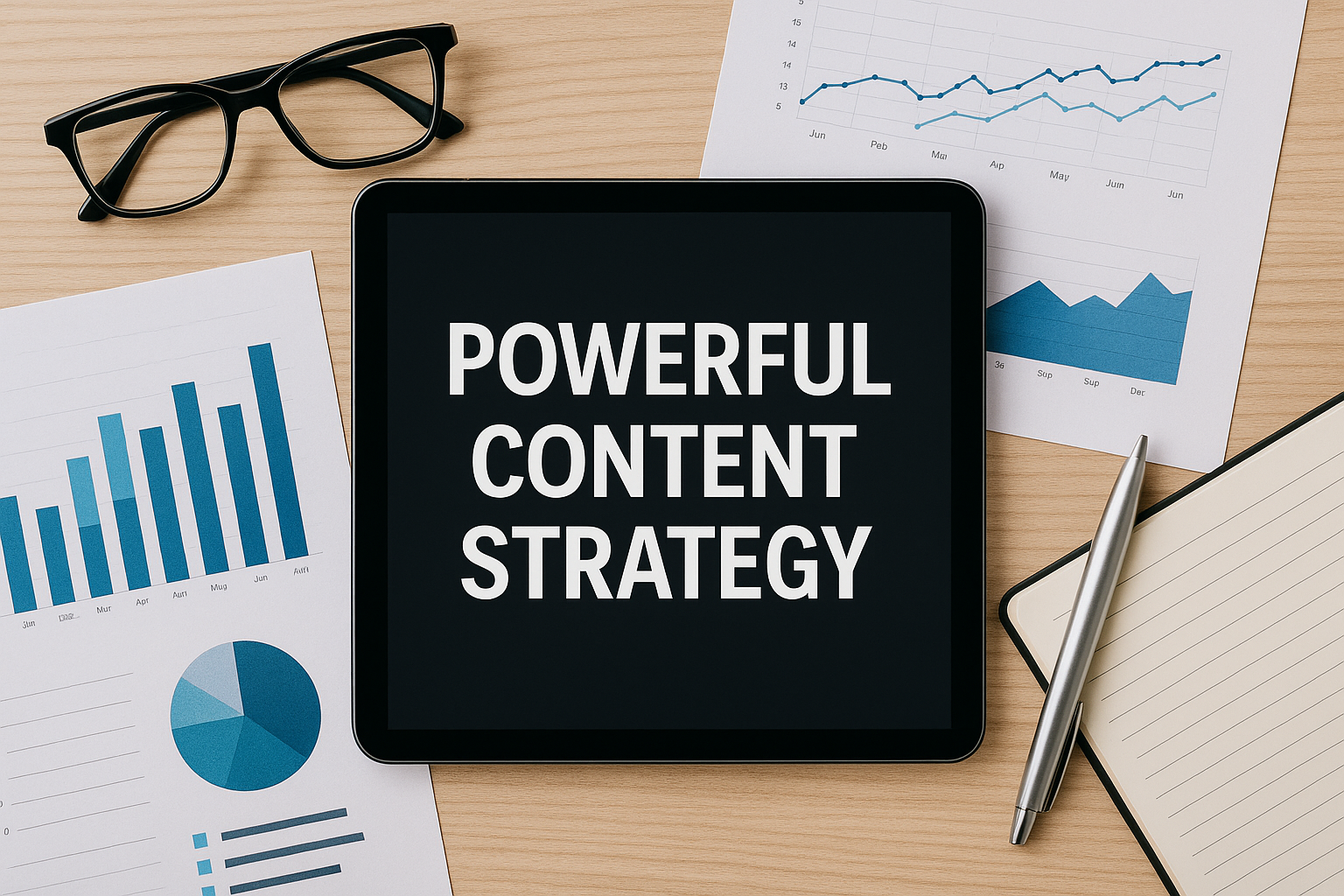 A high-resolution digital photograph displays a tablet with “Powerful Content Strategy” surrounded by charts, glasses, and writing tools.