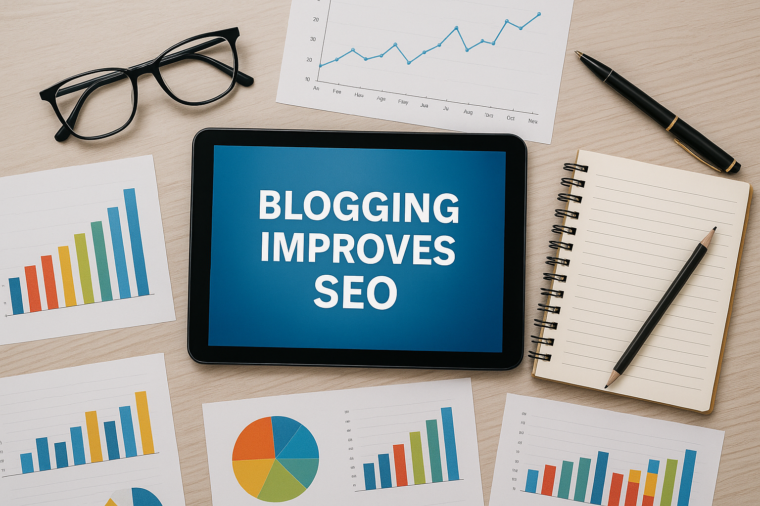 A high-resolution digital photograph depicts a workspace with a tablet reading “Blogging Improves SEO” surrounded by charts and writing tools.
