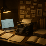 Professional ghostwriter workspace with multiple monitors, organized reference materials, and branded business setup