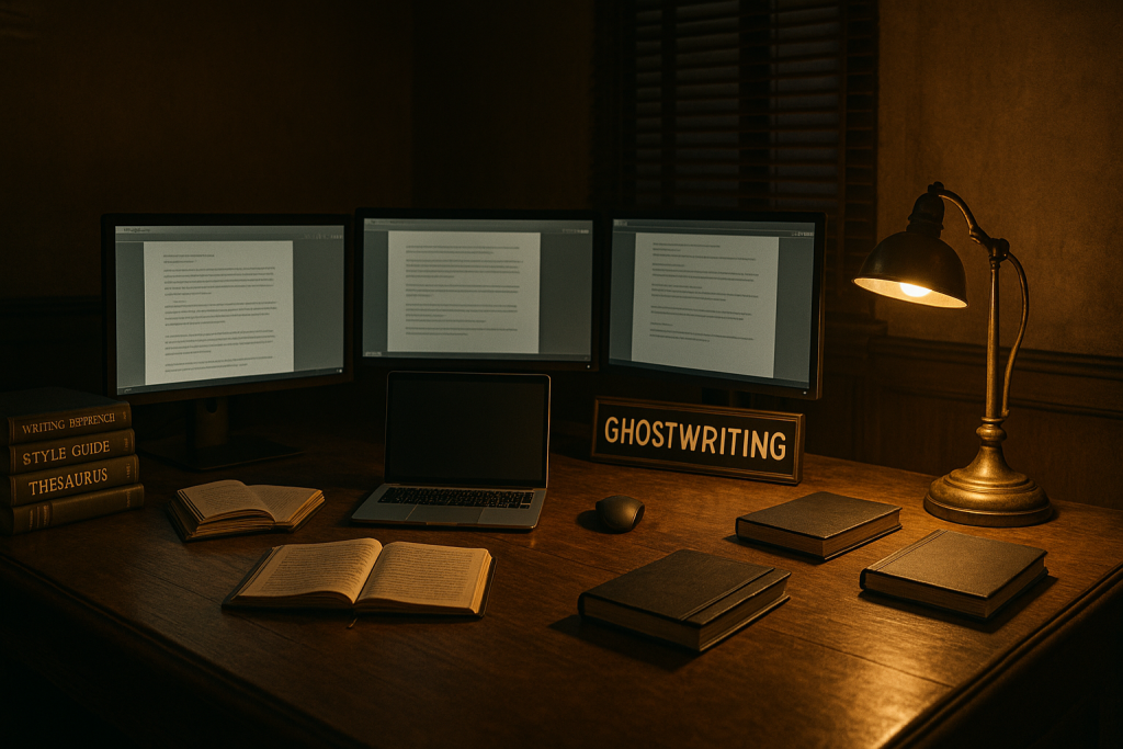 Professional ghostwriter workspace with multiple monitors, organized reference materials, and branded business setup