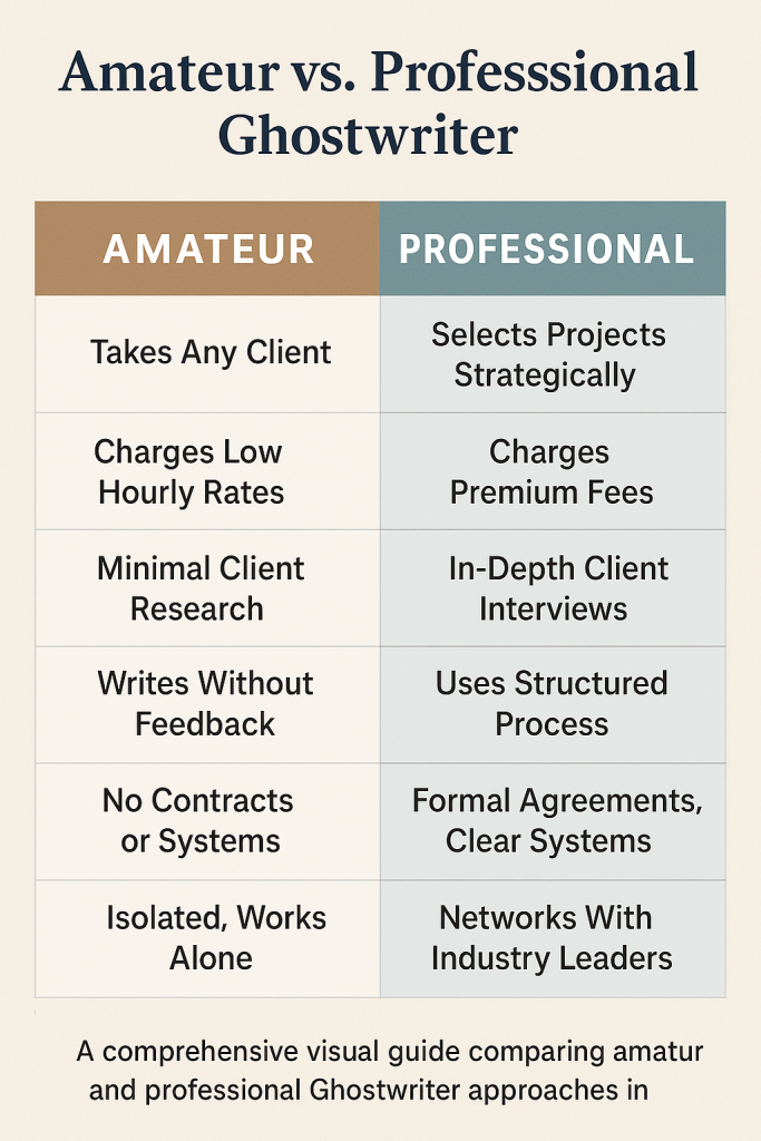 Side-by-side comparison chart showing Amateur vs. Professional Ghostwriter approaches in North American market