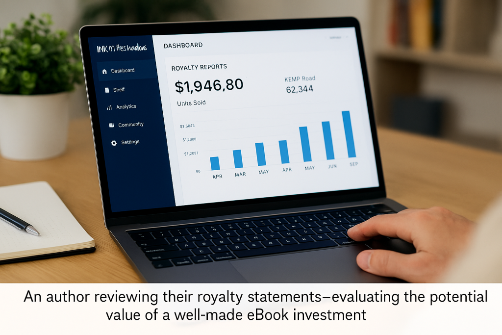 Realistic royalty dashboard display - 	total cost of creating an ebook	