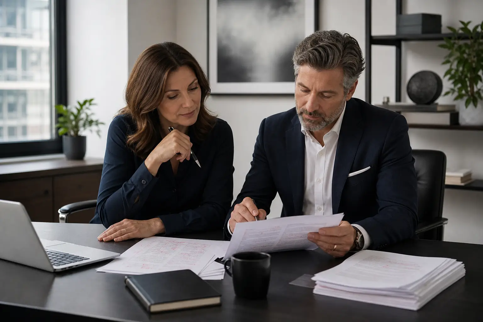 Business leader reviewing ghostwritten content with a strategist during an executive content planning session.