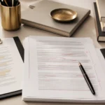 Draft document with revision notes and a scope checklist beside a writing contract