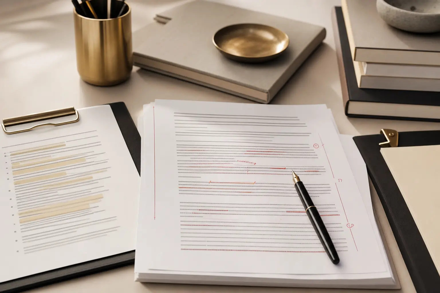 Draft document with revision notes and a scope checklist beside a writing contract