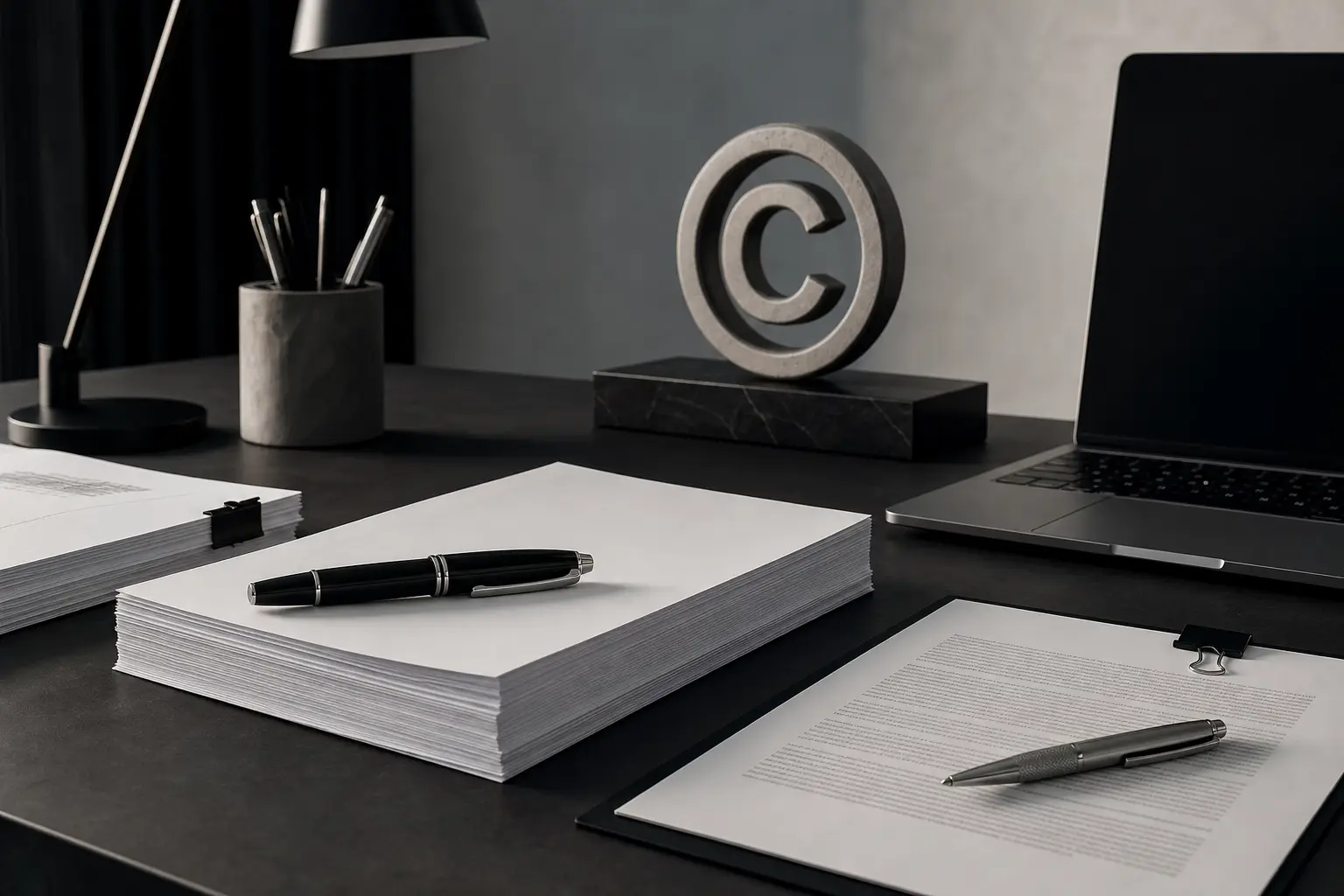 Contract and manuscript on a desk illustrating copyright ownership in ghostwritten work.