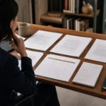 Business owner comparing ghostwriter portfolios and interview notes at a desk