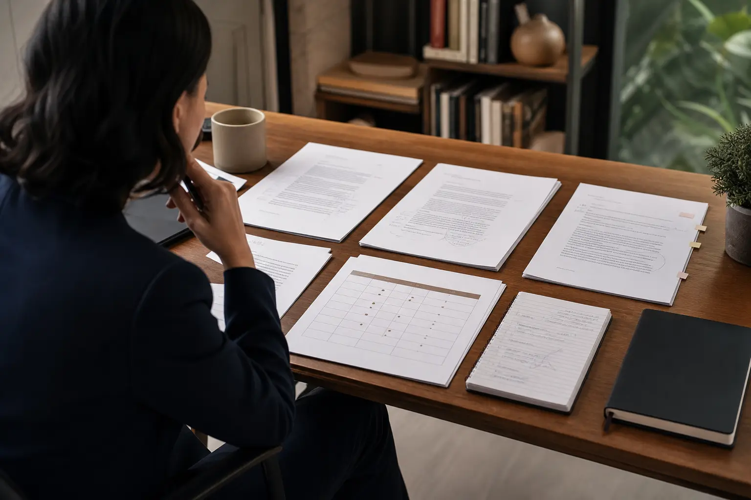 Business owner comparing ghostwriter portfolios and interview notes at a desk