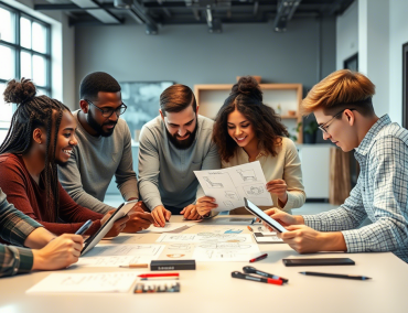 Team Collaboration for E‑Commerce Content Excellence Professionals reviewing product sketches and devices—highlighting e‑commerce content excellence in action