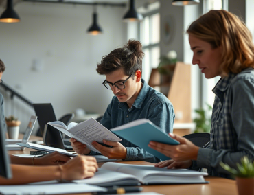 Publisher Content Excellence in Collaborative Workspace Young professionals reading and discussing documents in an office—highlighting publisher content excellence in action