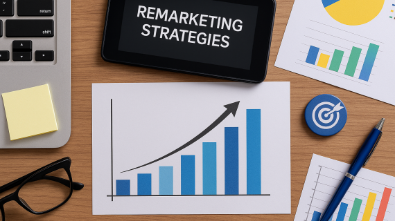 A photograph serves as a conceptual representation of remarketing strategies using charts, tablet, and graphs.