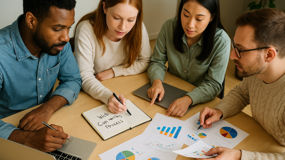 A high-resolution digital photograph captures four marketing professionals collaborating on remarketing strategies.