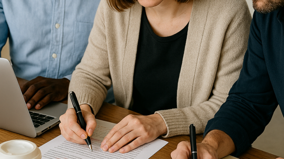 A high-resolution digital photograph captures three individuals collaborating on a writing project with red-pen edits and notes.