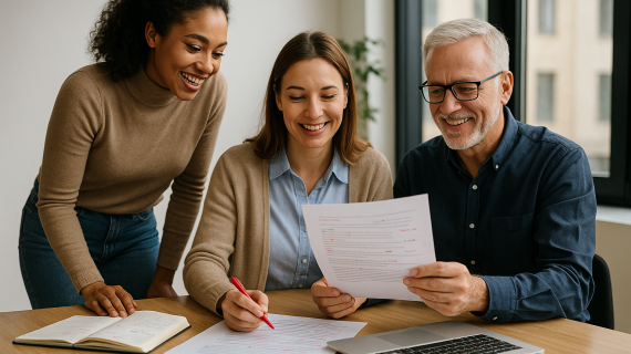 A professional team reviews corrected documents in a bright office to finalize grammar checker evaluations.