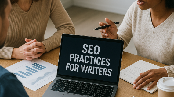 A photograph captures three individuals collaborating on SEO practices with a laptop displaying “SEO Practices for Writers.”
