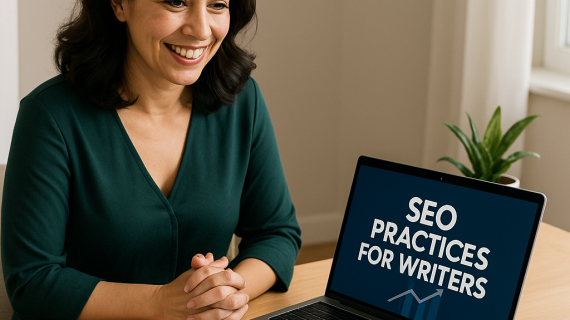 A photograph of a professional woman reviewing “SEO Practices for Writers” on her laptop in a bright home office.