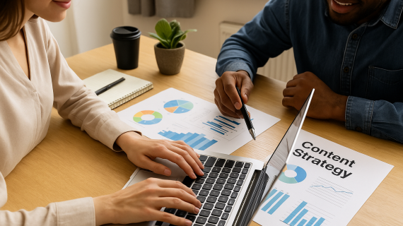 A high-resolution photograph captures two colleagues collaborating on a content strategy plan with charts and a laptop.