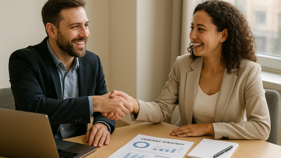 A high-resolution photograph captures a man and woman shaking hands over a completed content strategy plan in a sunlit office.