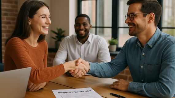 A high-resolution digital photograph captures a smiling handshake between two young professionals over a “Blogging Improves SEO” report.