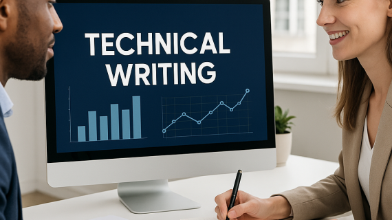 A high-resolution digital photograph captures two professionals finalizing technical writing documents with charts and a computer screen displaying “TECHNICAL WRITING.”